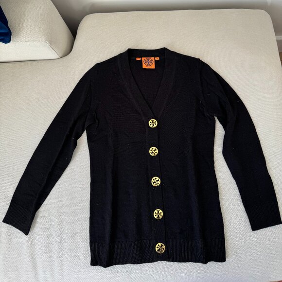 Tory Burch Black Simone Merino Wool Sweater Cardigan, 3/4 sleeves - Picture 1 of 4